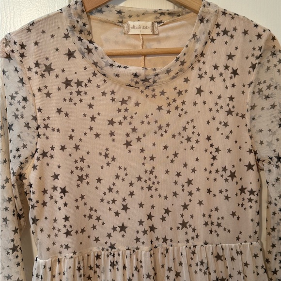 EUC- Altar’d State Pink Sheer Tiered Long Sleeve Mesh Dress with Black Stars - Picture 3 of 9